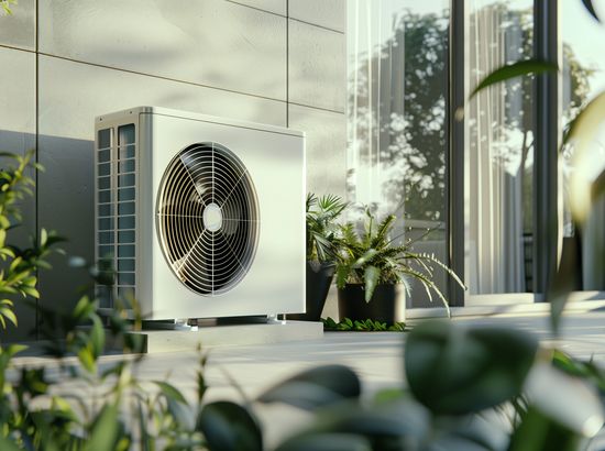 Heizpumpe mit Außenluftwärmepumpenventilator an der Gebäudeaußenwand.