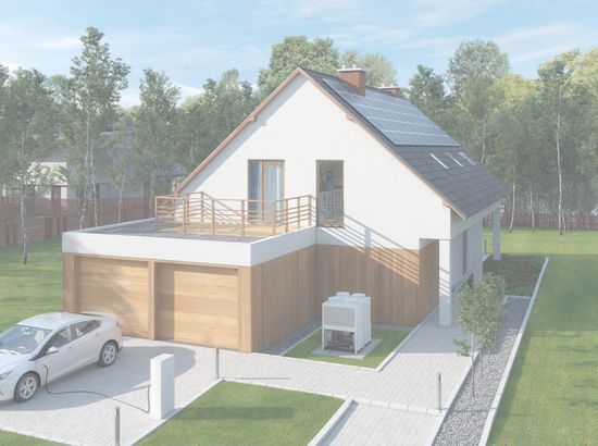 Moderne Einfamilienhausanlage mit Garage und Carport, umgeben von Grünflächen und Bäumen. Ein Auto steht auf dem gepflasterten Weg vor dem Gebäude.