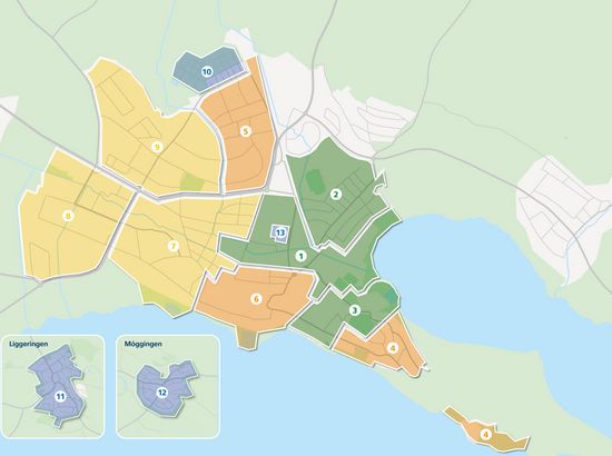 Stadtplan mit nummerierten Stadtteilen und farblich markierten Bezirken inklusive separater Darstellung der Gebiete Liggeringen und Möggingen.