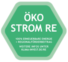 Ökostrom RE Zertifikat mit 100 Prozent erneuerbarer Energie und regionalem Förderbeitrag. Weitere Informationen unter Klima Invest.