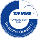 Zertifizierungslogo von TÜV NORD CERT für geprüften Ökostrom gemäß VdTÜV Standard 1304. Freiwillige Zertifizierung.