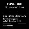 Zertifizierungslogo von TÜV NORD CERT für geprüften Ökostrom gemäß VdTÜV Standard 1304. Freiwillige Zertifizierung.